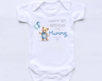 Happy 1st Birthday as my Mummy Blue Teddy Bodysuit Vest, T-Shirt or Rompersuit | New Mum Gift, Birthday Mummy