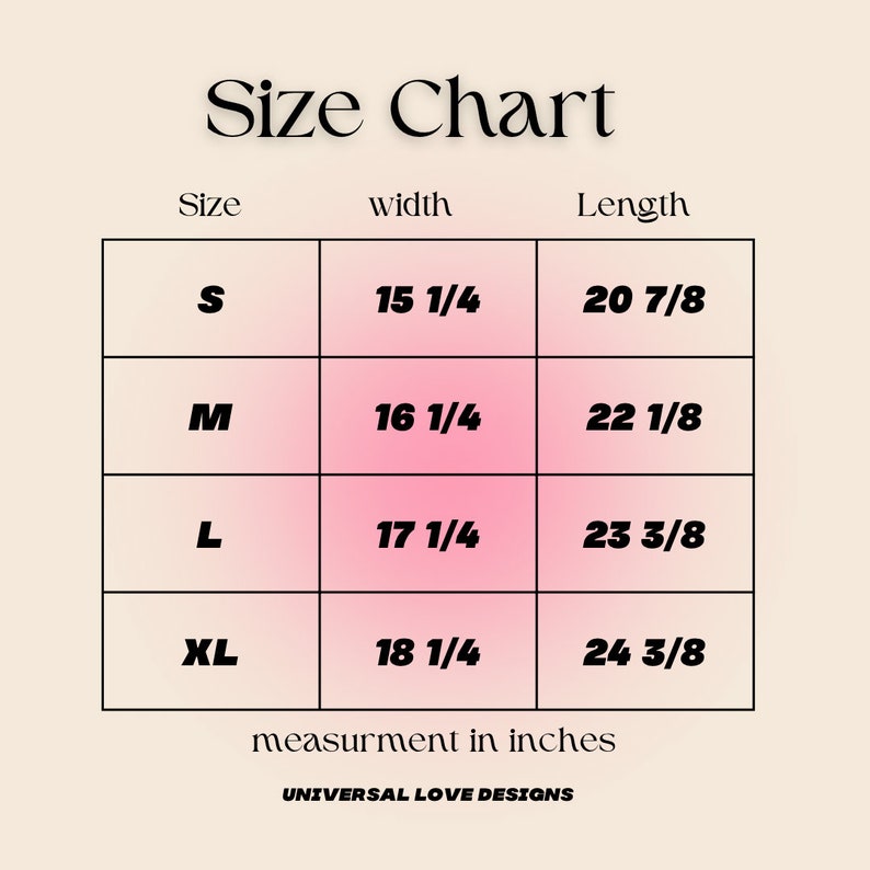 Puede incluir: Tabla de tallas para ropa con medidas en pulgadas. La tabla muestra las tallas S, M, L y XL con las medidas de ancho y largo correspondientes.