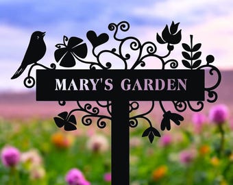 Custom Garden Signs with Stakes,Metal Bird Garden Signs,Garden Name Signs,Custom Garden Name Signs, Home Gifts, Lawn Metal Signs,Patio Decor