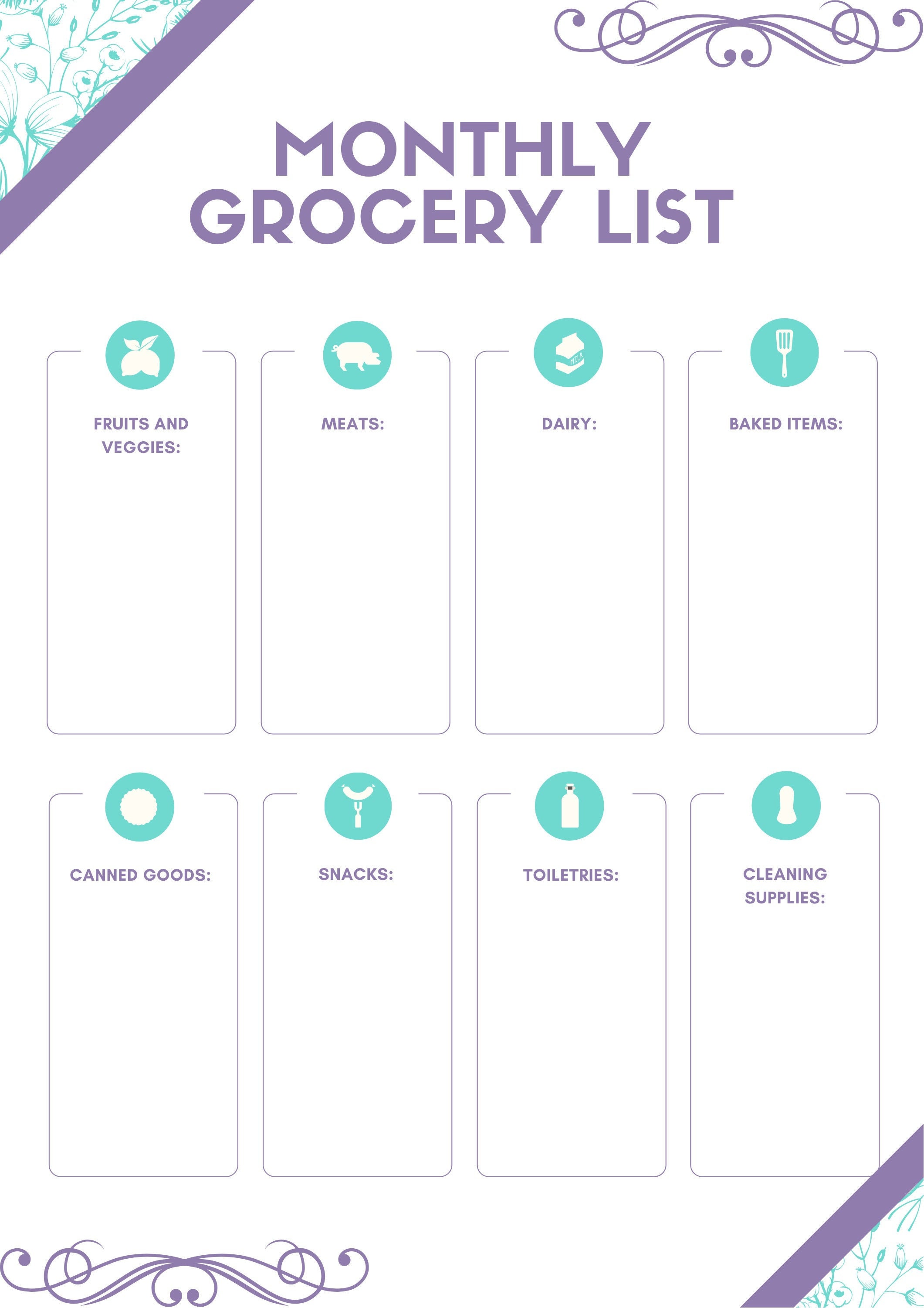 printable monthly grocery list etsy