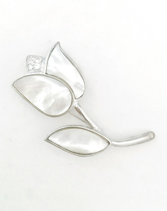 Vintage silver mother of pearl tulip flower brooc… - image 6