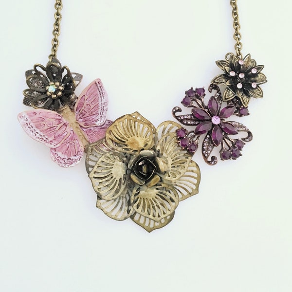 Floral statement vintage assemblage necklace.  Purple and bronze flowers. Wear for special date.