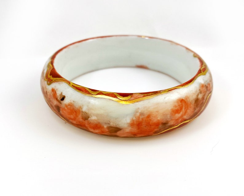 Orange red Gift for women. apricot and gold Vintage hand painted abstract artisan bangle bracelet