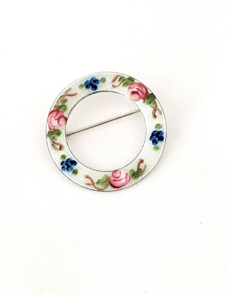 Vintage Lamode Brooch Sterling silver with enamel pink roses and blue forget me nots Wear on blazer lapel Gift for mother.