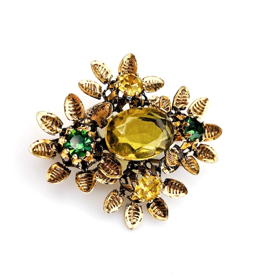 Vintage gold flower brooch.  Austrian crystal.  E… - image 1