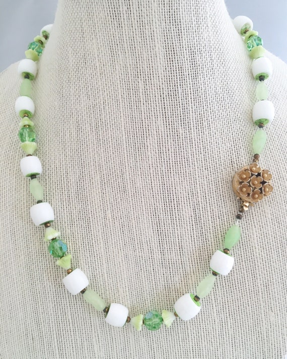 Vintage glass bead necklace.  Light and sea green… - image 2