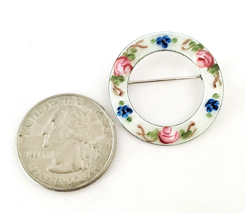 Vintage Lamode Brooch Sterling silver with enamel pink roses and blue forget me nots Wear on blazer lapel Gift for mother.