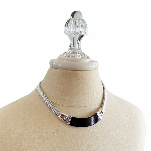 Vintage Napier thick silver snake chain necklace with black lucite focal.  Sophisticated modern statement jewelry.  Gift for woman.
