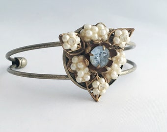 Vintage pearl flowers and aquamarine rhinestone  on new bracelet. Recycled, upcycled, repurposed triangle earring.  Gift for women.