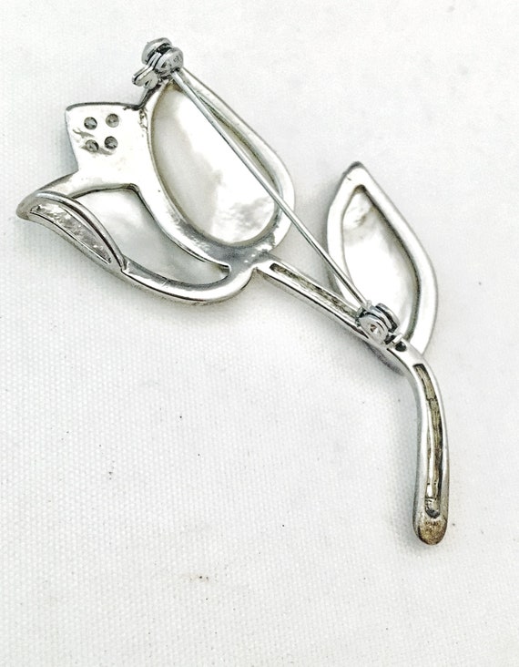 Vintage silver mother of pearl tulip flower brooc… - image 8