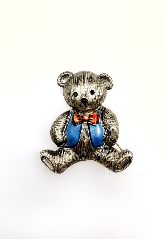 Vintage teddy bear silver brooch, blue vest and re