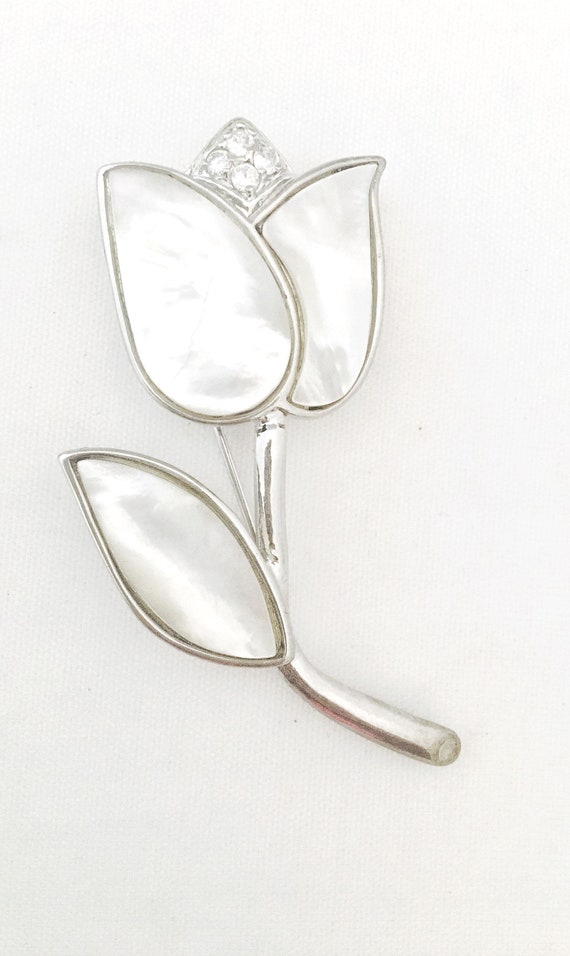 Vintage silver mother of pearl tulip flower brooc… - image 2