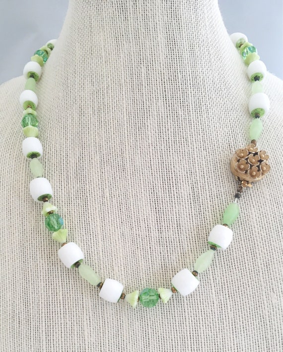 Vintage glass bead necklace.  Light and sea green… - image 7