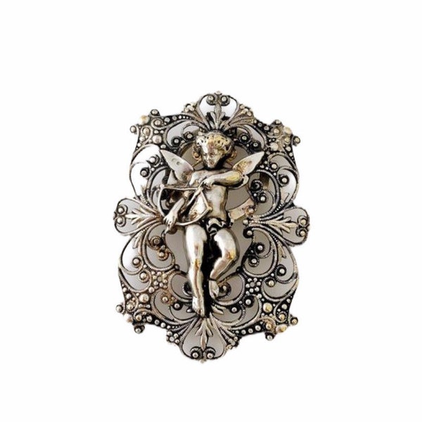 Vintage Victorian revival Cupid scarf pin.  Ornate detailed jewelry marked Sasa.  Gift for mother.