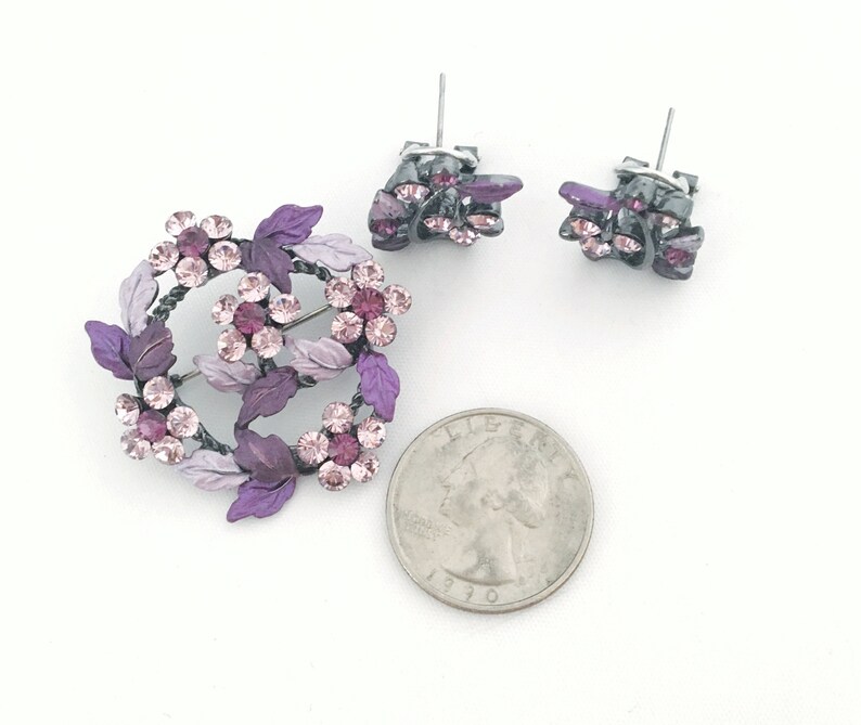 Wear to Easter dinner Gift for women. Beautiful jewelry for a bride Plum and rose rhinestone flowers Brooch and pierced earrings set