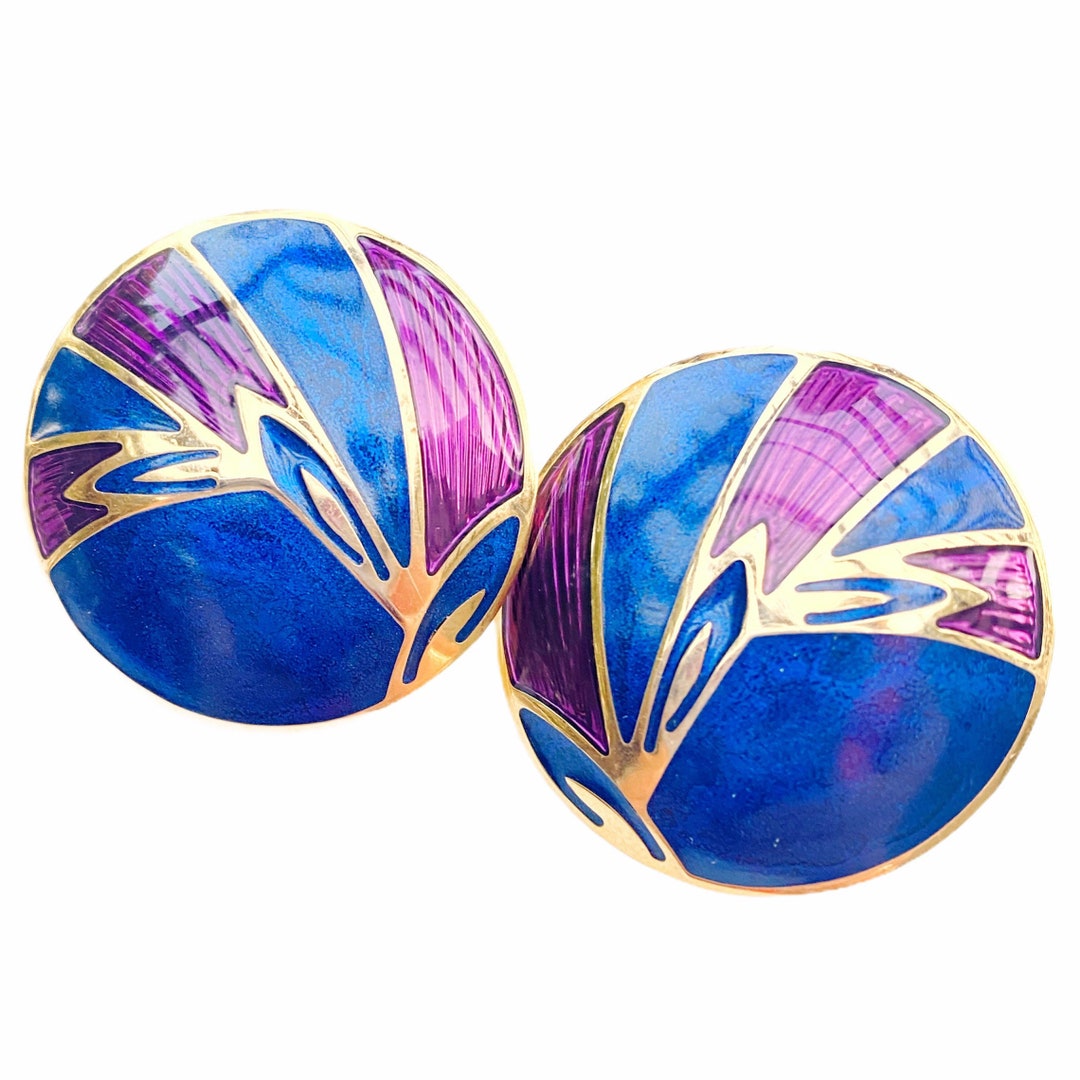 Vintage 80s Berebi Round Enamel Earrings. Indigo Blue and Purple. Gift ...