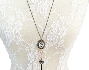 Handmade long bronze necklace.  Italian mosaic with pink crystals and vintage key.  Give someone the key to your heart!