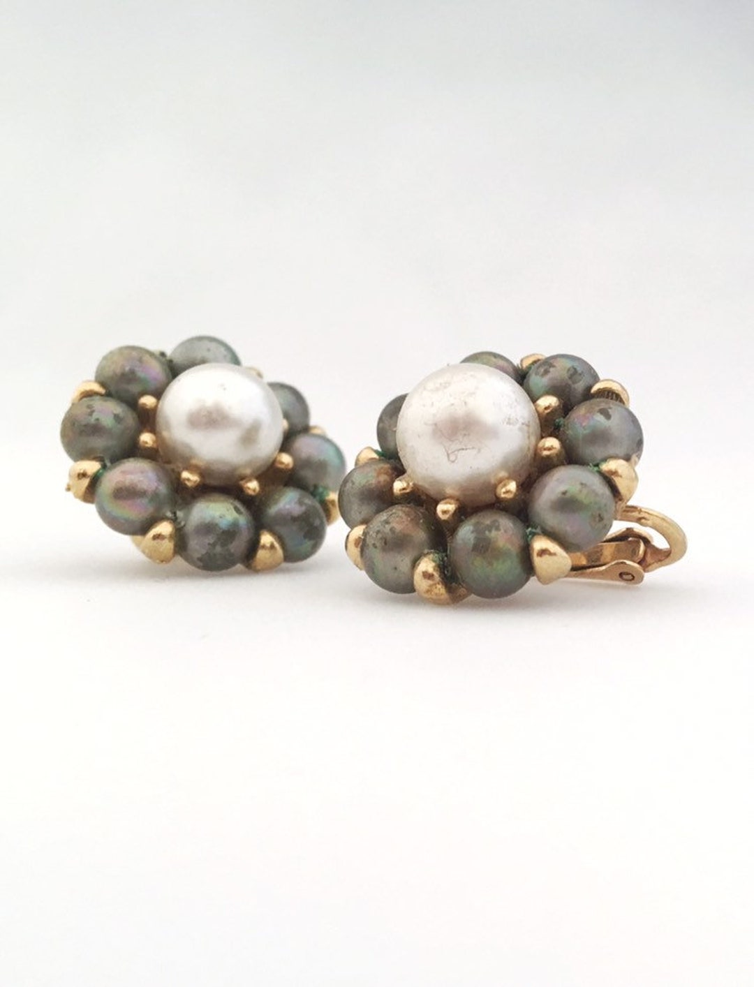 Marvella Gold Tone Vintage Genuine Black Pearl Earrings. Mid Century ...