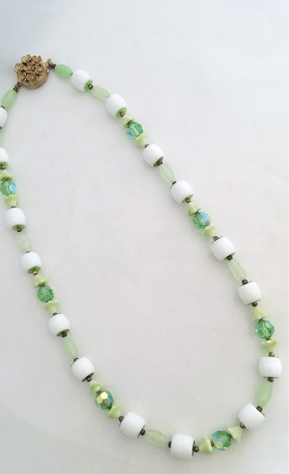 Vintage glass bead necklace.  Light and sea green… - image 5