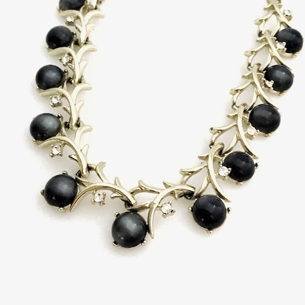 Vintage Coro light gold choker. Gray Lucite cabochon berries, clear rhinestones, and twigs or thorns.  Beautiful and unique gift for women.