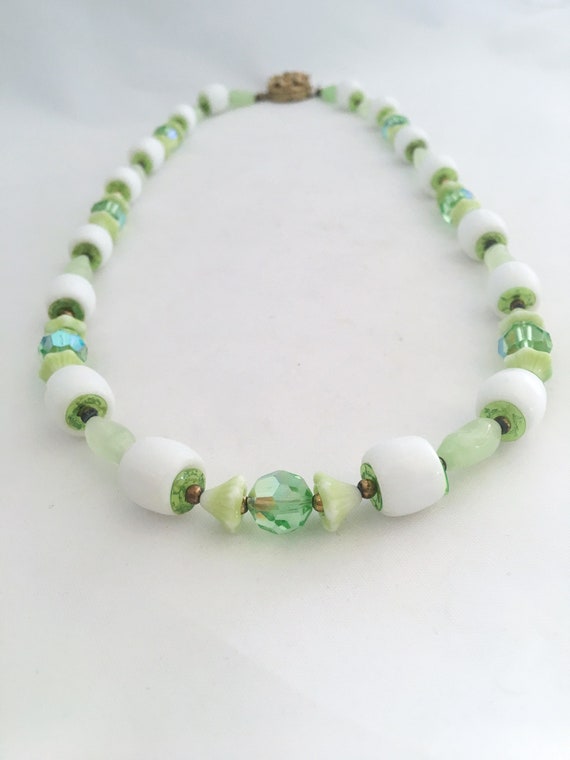 Vintage glass bead necklace.  Light and sea green,