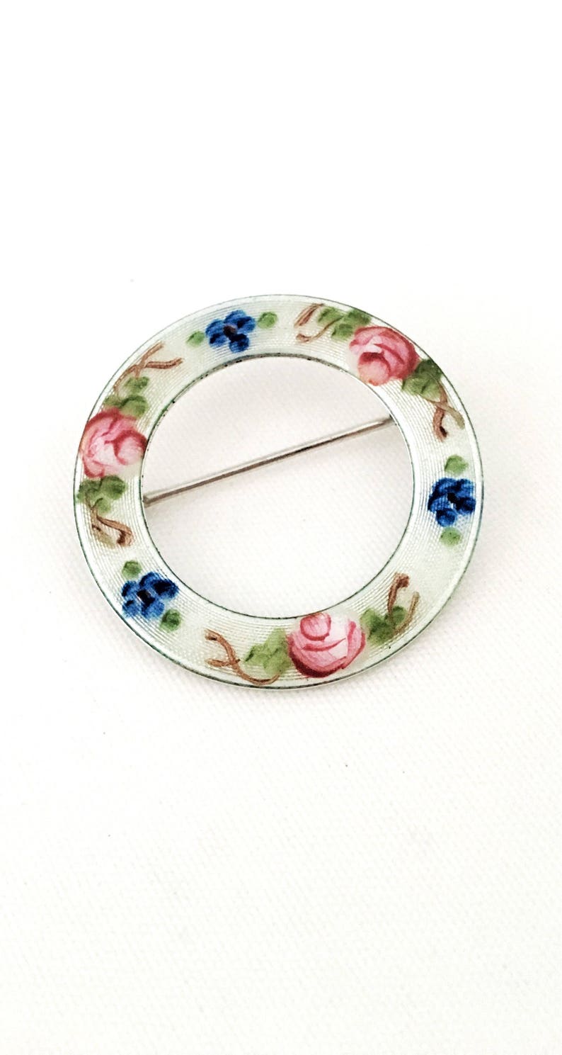 Vintage Lamode Brooch Sterling silver with enamel pink roses and blue forget me nots Wear on blazer lapel Gift for mother.