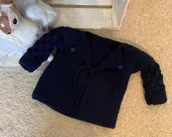 Blue Hand Knitted Baby Cardigan / Kimono / Jacket. Size 3-6 months