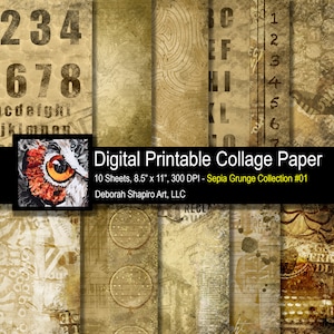 Sepia Grunge Digital Paper, Instant Download, Printable Collage, Scrapbook, Mixed Media, Art Journal, Junk Journal, Backgrounds, Crafts