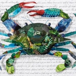 May include: A colorful crab art piece, featuring a collage of green, blue, and red hues. The crab's body is composed of various text fragments, with text visible on the white background. The artwork showcases a detailed depiction of the crab.