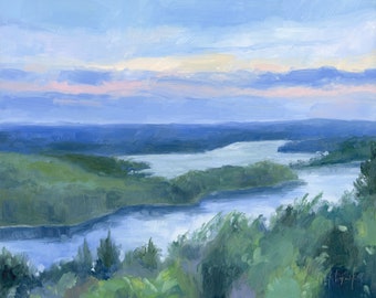 May include: A painting of a landscape with a river winding through a valley. The sky is a soft blue with pink clouds. The river is a light blue and the trees are a dark green.