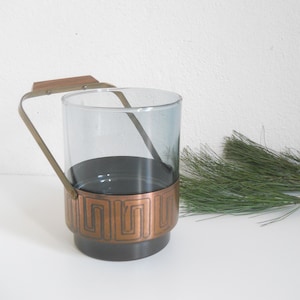 Midcentury Smoked Glass Ice Cube Tray with Copper Holder Ice Bucket Vintage Barware