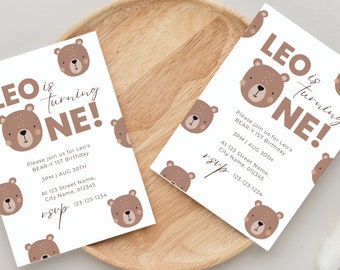 Beary First Birthday Editable Party Invitation, Beary 1st Birthday Party Invite, Bear-y First Birthday Party, Bear Birthday Party Invitation