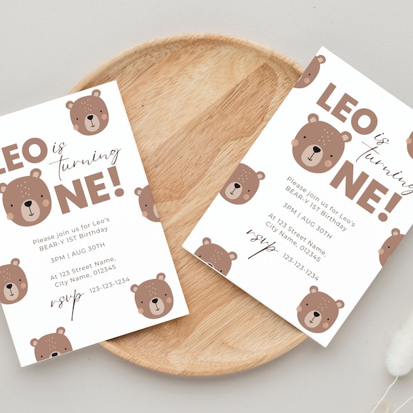 Beary First Birthday Editable Party Invitation, Beary 1st Birthday Party Invite, Bear-y First Birthday Party, Bear Birthday Party Invitation