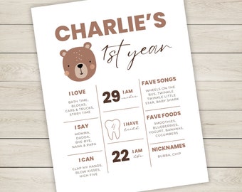 Customizable Milestone Chart, Beary 1st Birthday Milestone Chart, Editable Milestone Chart, Bear Birthday Party, Beary 1st Birthday Theme