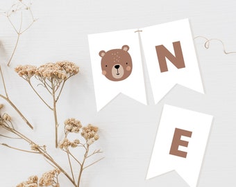 Banner de cumpleaños de oso: "Feliz cumpleaños" y "UNO" (Descarga instantánea)