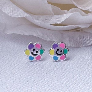 Sterling silver daisy earrings | Rainbow flower stud earrings | Girls earrings | Kids earrings | Smiley face earrings | Hypoallergenic