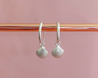 Sterling silver shell hoop earrings | Dainty small hoops | Young girl earrings | Charm silver hoops | Cowrie hoop earrings | Shell earrings