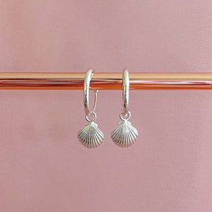 Sterling silver shell hoop earrings | Dainty small hoops | Young girl earrings | Charm silver hoops | Cowrie hoop earrings | Shell earrings