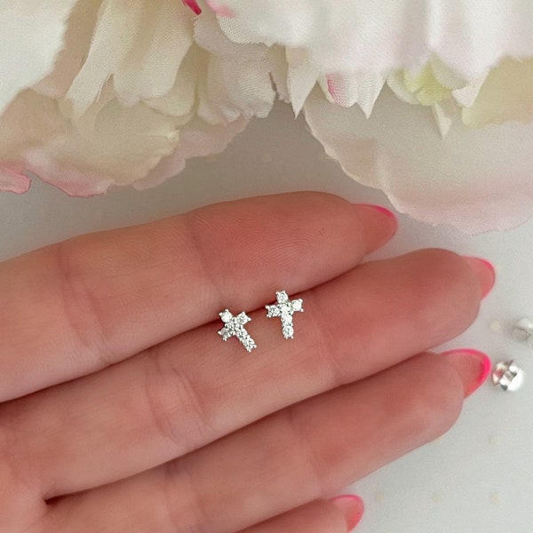 Sterling silver tiny cross earrings | Small cross stud earrings | Cubic Zirconia cross earrings | Hypoallergenic studs