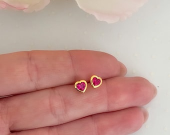 14K Gold heart genuine Ruby stud earrings | Kids earrings | July birthstone earrings | Toddler earrings | Mommy and me matching earrings