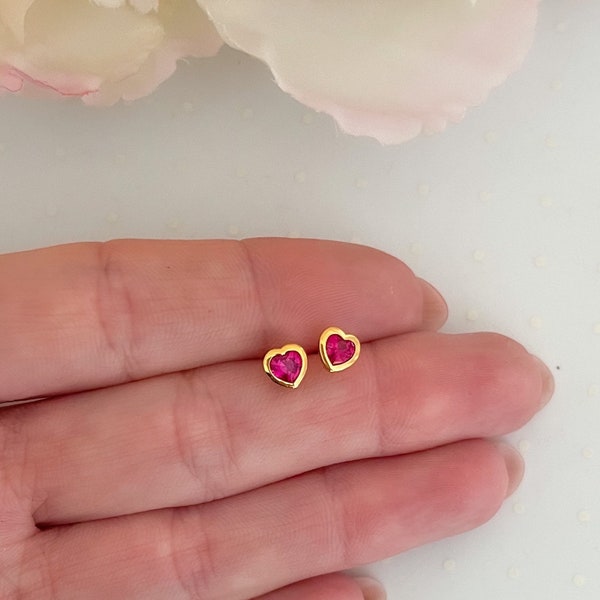 14K Gold heart genuine Ruby stud earrings | Kids earrings | July birthstone earrings | Toddler earrings | Mommy and me matching earrings