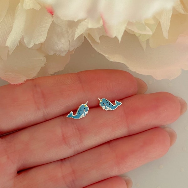 925 Sterling silver narwhal earrings | Little girls earrings | Children earrings | Kids earrings | Toddler earrings | Hypoallergenic studs