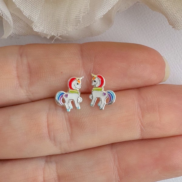 Rainbow unicorn stud earrings in 925 sterling silver | Kids jewelry | Earrings for girls | Sensitive ears earrings