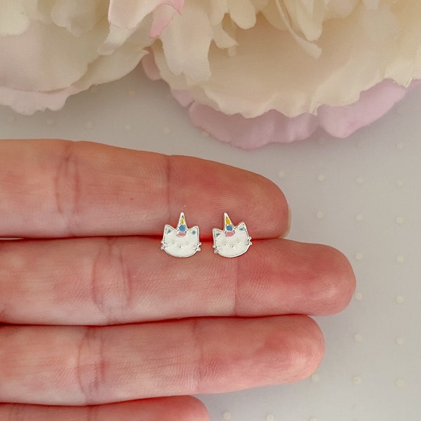 Sterling silver caticorn stud earrings | Kids hypoallergenic earrings | Toddler silver earrings | Little girls earrings