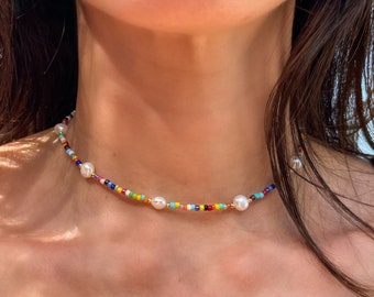 Dainty pearl beaded necklace | Seed bead colorful choker | Rainbow summer necklace | Bohemian jewelry