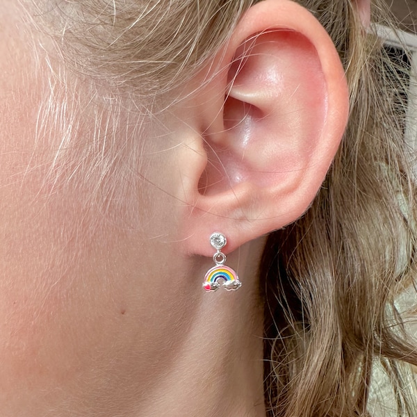 Rainbow earrings in sterling silver | Kids dangle earrings | Little girl earrings | Toddlers jewelry | Hypoallergenic stud earrings