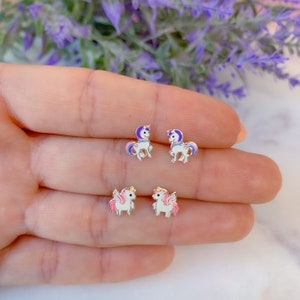 Unicorn studs earrings | Colorful unicorn silver earrings | Unicorn silver jewelry | 925 Sterling silver earrings for little girls.