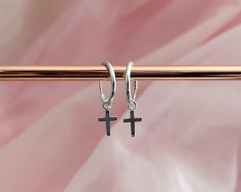 Sterling silver cross huggies | Dangle cross mini hoops | Silver hoops | Dainty earrings