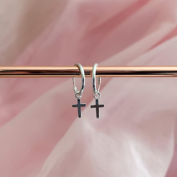 Sterling silver cross huggies | Dangle cross mini hoops | Silver hoops | Dainty earrings