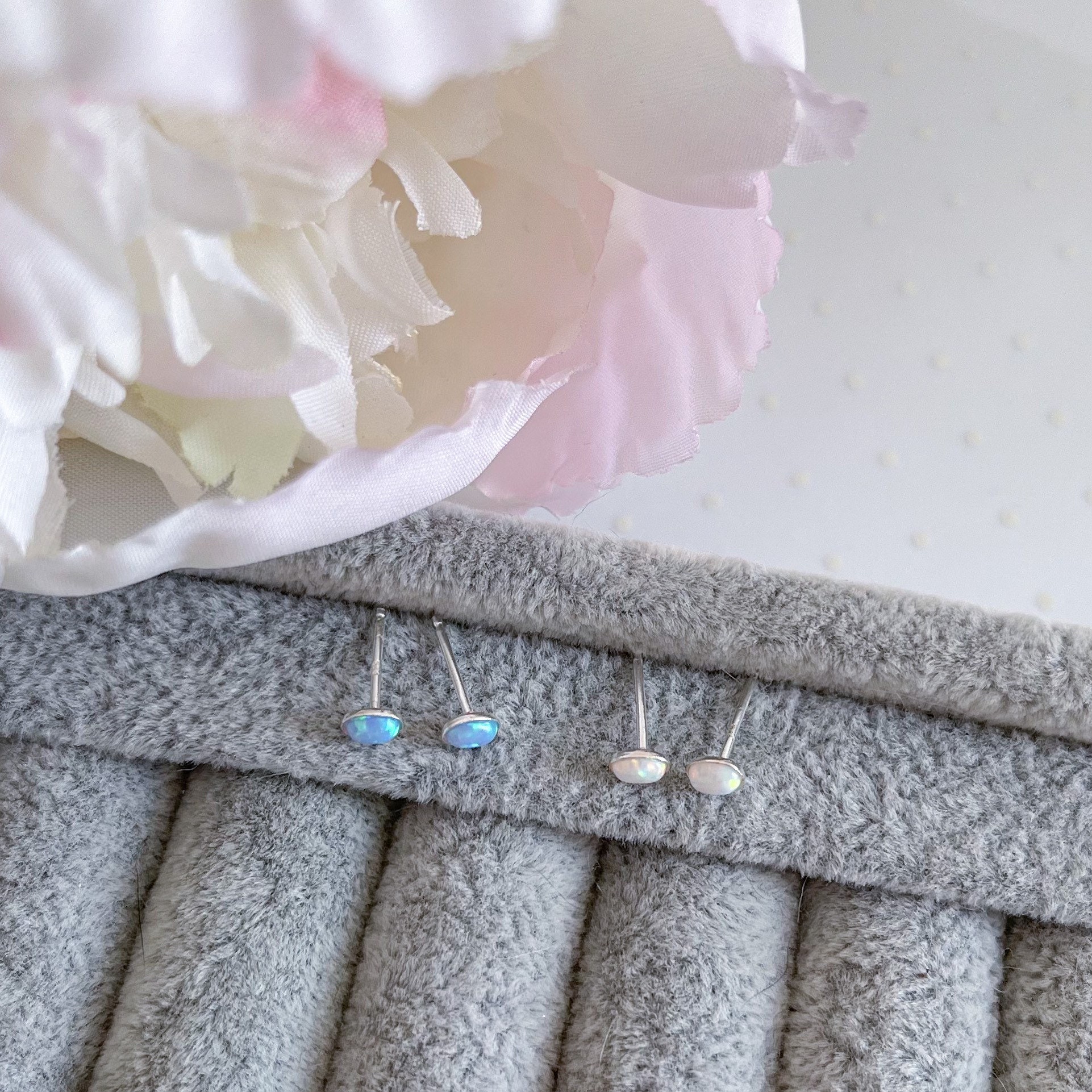 Chinatown White Fire Opal Plumeria Flower Stud Earrings - Silver Plated, Nickel-Free